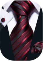 Barry.Wang Stripe Men Ties Set Classic WOVEN Necktie with Handkerchief Cufflinks Formal
