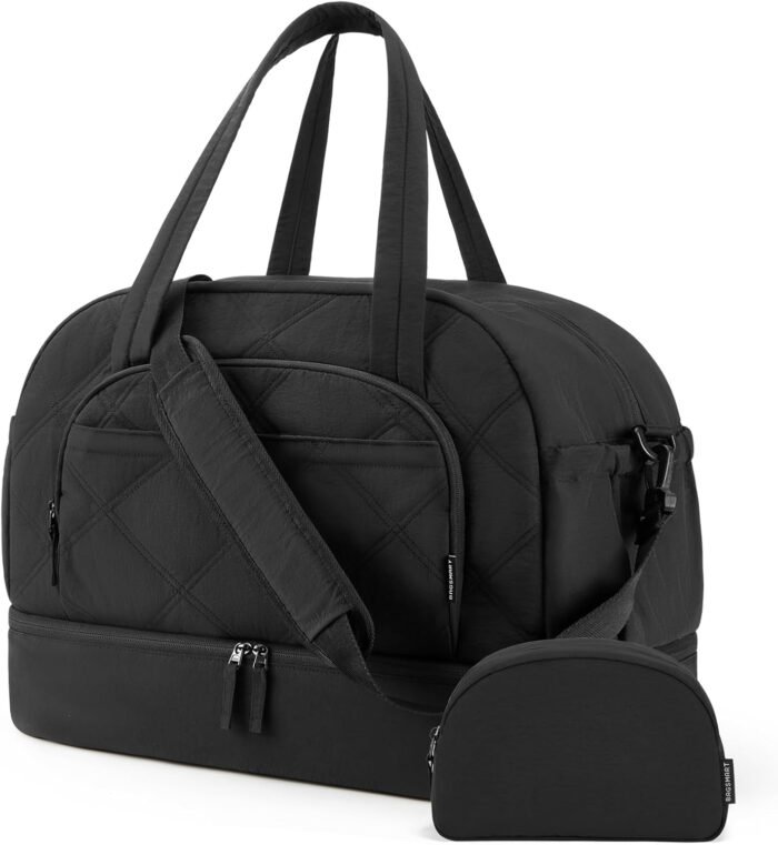 BAGSMART Weekender Bags for Women, Puffer Duffle Bag for Travel with Shoe Compartment, Lightweight Personalized Item Gym Bags for Women, Carry on Overnight Travel Bag for Sports, Hospitall (Black)