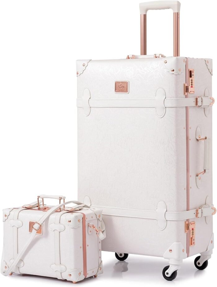 urecity Vintage Luggage Set, 2 Piece Retro Leather Suitcase for Women, Travel Luggage with Spinner Wheels and Beauty Case, Cute Designer Trunk Luggage (Rose White, 20"+12")