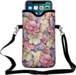 Universal Neoprene Cell Phone Pouch 7.1 X 4 in Mobile Protection Case Bag with Crossbody Strap/Neck Lanyard Luxury Flowers Leaf Printed Pattern