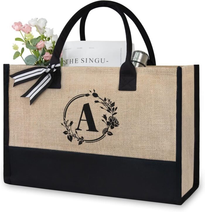 TOPDesign Personalized Initial Jute/Canvas Beach Bag, Monogrammed Gift Tote Bag for Women