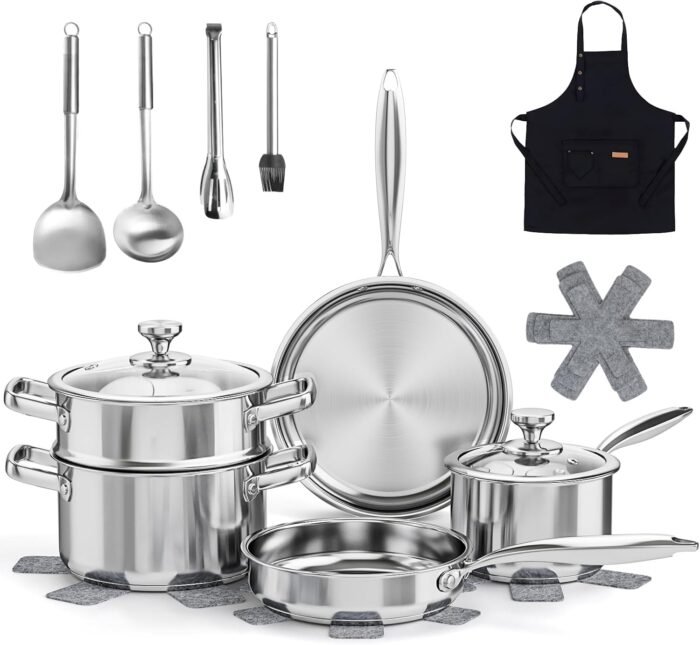 Meythway 𝐔𝐏𝐆𝐑𝐀𝐃𝐄 Pots and Pans Set Non Toxic, 16PCs Stainless Steel Cookware Set with Steamer, Kitchen Induction Cookware with Utensil Sets, Pot Protectors and Apron For Oven & Dishwasher Safe