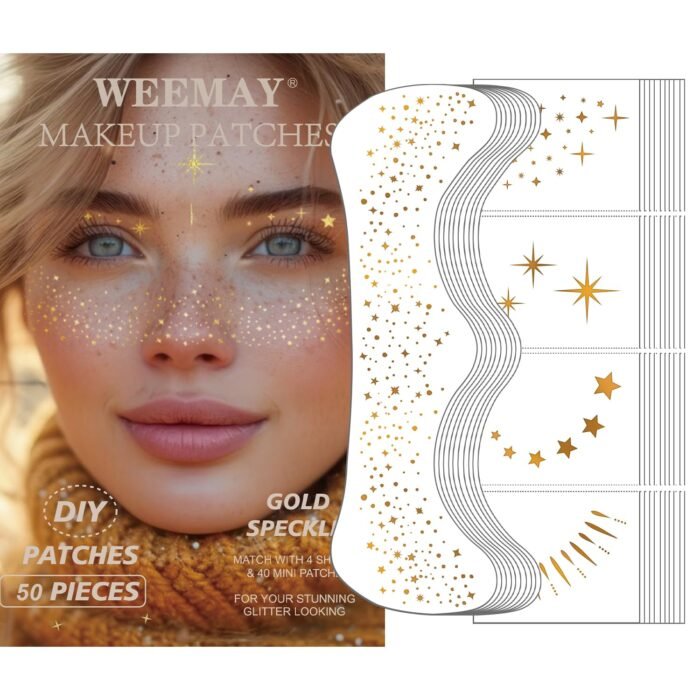 50 Pcs Gold Glitter Freckles Face Tattoo, DIY Glitter Freckles Makeup Patches, Waterproof Sparkle Freckles, Long-lasting 48h Gold Freckles Temporary Face Tattoos for Women (Gold)