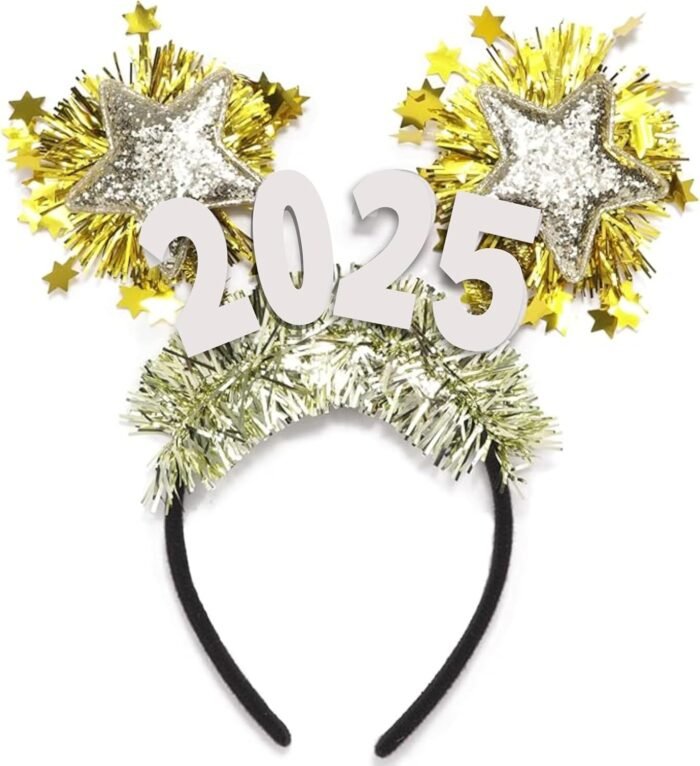 2025 New Year Bopper Headband, Glitter Sparkles Stars and Tinsel, NYE Hair Accessory, One Size Fits Most, 10.5 x 10 Inches