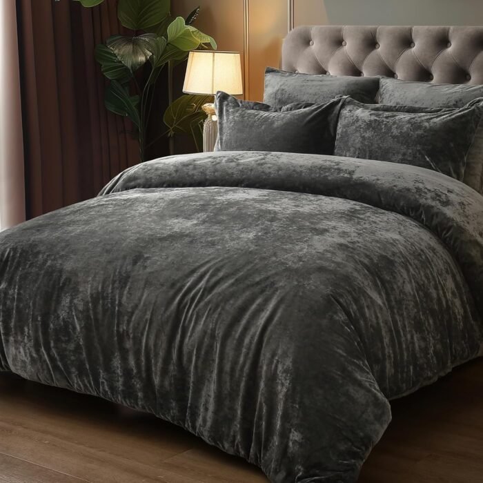 PHF Velvet Comforter Set King Size, 5 Piece Soft Luxury Textured Bedding Comforter Sets, Fluffy Breathable Bed in A Bag Including 1 Comforter, 2 Pillow Shams, 2 Euro Shams for Home Decor, Grey