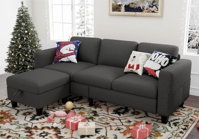 Sectional Sofa Couches for Living Room: Convertible L Shaped Couch with Storage Ottoman - Grey Small 3 Seater Sofas Furniture Set for Small Space
