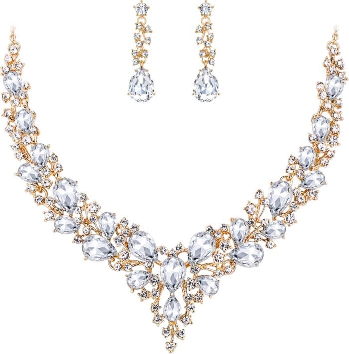 BriLove Women's Wedding Bridal Austrian Crystal Teardrop Cluster Statement Necklace Dangle Earrings Jewelry Set