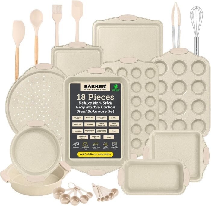 BAKKENMASTE 18-Piece Deluxe Nonstick Carbon Steel Bakeware Set - Professional Kitchen Oven Baking Pans with White Silicone Handles and Accessories